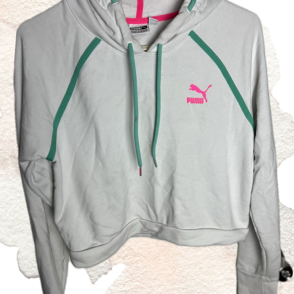 PUMA Women's cropped White Hoodie with Pink Logo and Green Accents